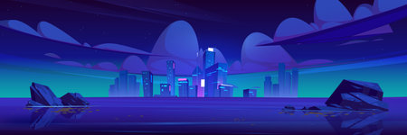 Night city skyline with glowing lights at ocean shore. Futuristic cityscape at sea waterfront, cartoon background with illuminated skyscrapers. Modern town buildings architecture Vector illustrationのイラスト素材
