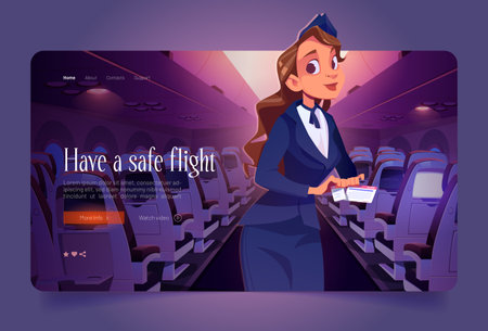Stewardess with ticket in airplane cartoon landing page. Air hostess, Young woman in uniform, aircrew company plane flight attendant wish safe flight to passengers in plane aisle, Vector web bannerのイラスト素材