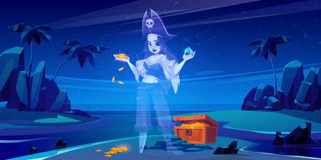 Tropical island with ghost of girl pirate and treasure chest full of gold coins. Vector cartoon night sea landscape with sand beach, palm trees, wooden box with money and spirit of dead woman captainのイラスト素材