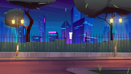City street with park and buildings behind fence at night. Vector cartoon illustration of summer landscape with road, street lights, trees, bushes and skyscrapers on horizonのイラスト素材