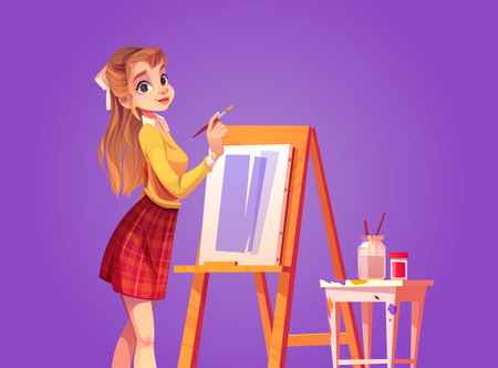 Girl painter draws on canvas with brush. Vector cartoon illustration of beautiful woman artist with paintbrush, easel with picture and stool with paints and glass jar with waterのイラスト素材