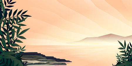 Early morning scenery landscape, calm water pond surface, rocks, green tree branches under light pink sky. Tropical island in sea or ocean and dawn heaven, beautiful nature, Cartoon vector backgroundのイラスト素材