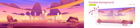 Parallax background sunset city skyline architecture near waterfront, modern megapolis with...