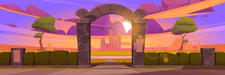 Summer landscape with stone arch entrance to public park at sunset. Vector cartoon illustration of city garden with green hedge, archway portal and town buildings on skyline at eveningのイラスト素材