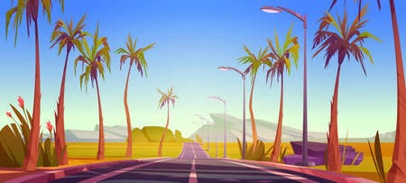Tropical landscape with car road, palm trees, street lights and mountains on horizon. Vector cartoon illustration of summertime scene with highway, rocks, tropic trees and flowersのイラスト素材
