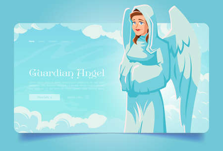 Guardian angel banner with saint archangel with wings in heaven. Vector landing page of holy protection with cartoon illustration of woman angel character on background of sky with cloudsのイラスト素材