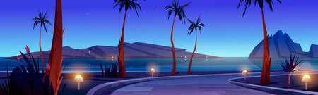 Road on sea beach with palm trees and rocks in water at night. Vector cartoon illustration of tropical landscape with highway, ocean shore with grass, flowers and mountains at eveningのイラスト素材