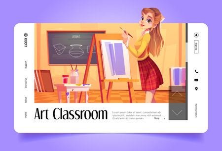 Art classroom banner with girl painter draws on canvas with brush. Vector landing page of artist studio with cartoon illustration of young woman with paintbrush, easel and blackboard on wallのイラスト素材
