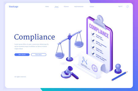 Compliance isometric landing page, concept of business policy documents for law legal regulation quality and procedures with document scales, gavel, seal stamp and pencil, 3d vector web bannerのイラスト素材