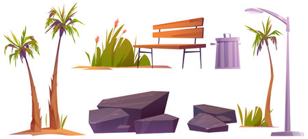 Set city park items palm trees, flowers, street lamp and wooden bench with stones, green grass and litter bin. Isolated elements for outdoor decoration, landscaping design, Cartoon vector illustrationのイラスト素材