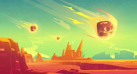 Meteor shower on alien planet with red desert and rocks. Vector cartoon illustration of Mars surface landscape and falling fireballs, flying meteorites with fire from cosmosのイラスト素材