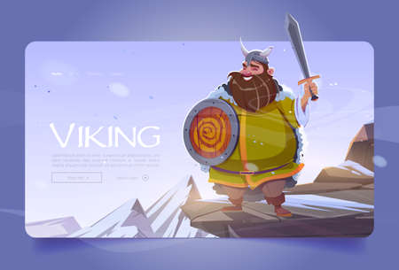 Viking banner with ancient scandinavian warrior on mountain. Vector landing page with cartoon illustration of medieval barbarian in horned helmet, with sword and wooden shield with snake emblemのイラスト素材