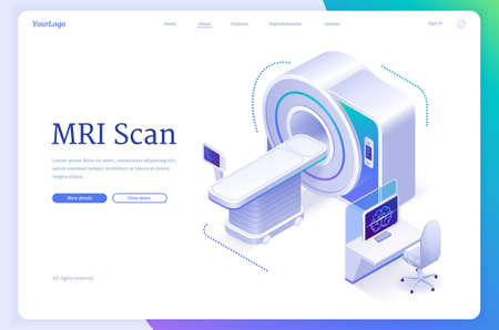 MRI scan banner. Magnetic resonance imaging technology, health diagnostic. Vector landing page of medical test with isometric illustration of MRI scanner and computer in hospital or clinicのイラスト素材