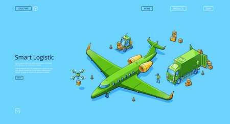 Smart logistic banner. Logistic infrastructure for storage, distribution and delivery cargo. Vector landing page of shipping industry with isometric airplane, truck, forklift, drone and boxesのイラスト素材