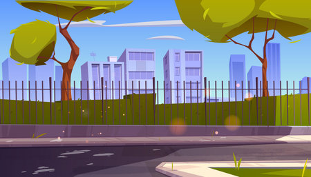 City street with park and buildings behind fence. Vector cartoon illustration of summer landscape with road, sidewalk, green bushes and trees and houses on horizonのイラスト素材