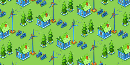 Eco friendly power generation, green energy seamless isometric pattern. House with solar panels and...