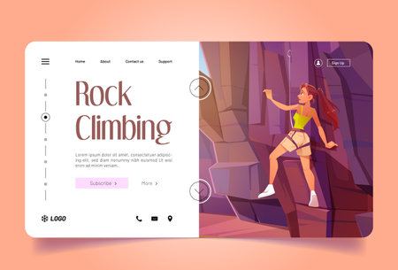 Rock climbing cartoon landing page, woman climb up the mountain. Female character mountaineer with ropes gear, sportive girl in harness healthy life and extreme sports activity, Vector illustrationのイラスト素材
