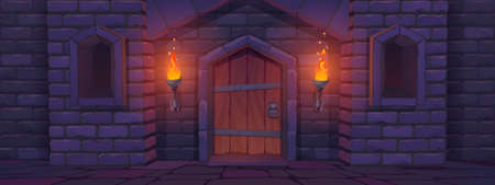 Medieval castle gate at night, palace entry exterior with arched door and burning torches. Fortress tower architecture, fairytale dungeon building facade, stone brick wall, Cartoon vector illustrationのイラスト素材