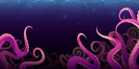 Octopus tentacles in dark ocean water, monster kraken waving hands on sea bottom. Fantasy creepy creature cephalopod arms or legs. Underwater animal antennas or feelers, Cartoon vector illustrationのイラスト素材