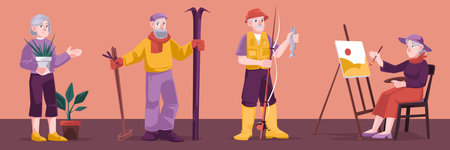 Senior people hobby and active lifestyle. Elder male and female character painting, gardening, skiing and fishing. Aged men and women having leisure, fun, sport. Cartoon people vector illustrationのイラスト素材