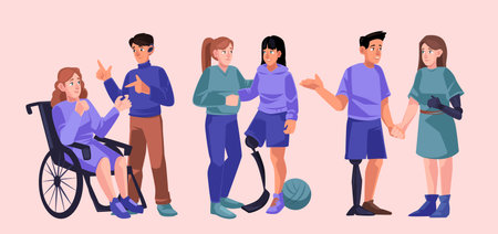 Diverse handicap people group, disabled female character on wheelchair communicate with deaf-mute man, couple with bionic hand or leg prosthesis, human disability concept, Cartoon vector illustrationのイラスト素材