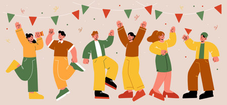Group of happy people have fun and dance on party. Vector flat illustration of friends celebrate...