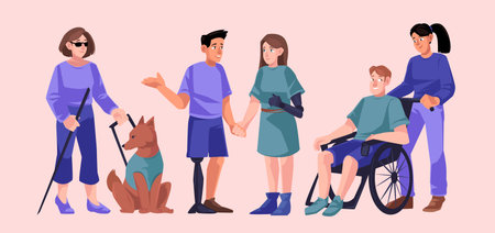 Diverse handicap people group, disability concept. Disabled character on wheelchair, man and woman with bionic hand or leg prosthesis, blind girl with stick and guide dog, Cartoon vector illustrationのイラスト素材