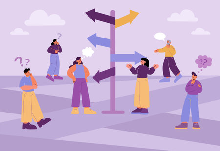 Pensive people thinking on crossroad with direction sign. Vector flat set of doubt, confused and...