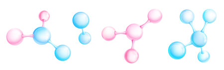 Molecules and atoms models, abstract scientific elements for chemistry, medicine, biology or physics science. Isolated pink or blue 3d vector microscopic objects, connected spheres on white backgroundのイラスト素材