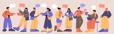 Students with speech bubbles, textbooks and gadgets. Teenagers chatting, communicate in school,...