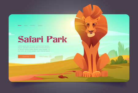 Safari park banner with cute lion in savannah. Vector landing page of nature park of wildlife with cartoon illustration of african savanna landscape with green grass and wild catのイラスト素材