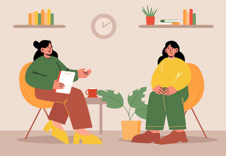 Depressed woman client visit clinic counseling for psychologist appointment and professional help. Doctor talking with patient about mind problems at private session, Line art flat vector illustrationのイラスト素材