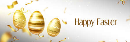 Happy Easter banner with gold eggs and confetti on blurred background with golden glittering and sparkles. Spring holiday greetings, header or footer for website, Realistic 3d vector illustrationのイラスト素材