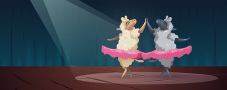 Cute sheep dance ballet on scene. Farm animals cartoon ballerina dancers wear pink tutu perform spectacle on stage with spotlights. Little fluffy lambs funny characters fun, Vector illustrationのイラスト素材