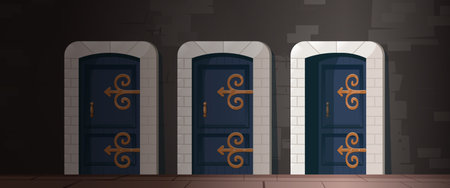 Medieval wooden doors in stone arch in in old house, castle or church. Vector cartoon illustration of ancient interior with brick wall and wood gates with golden handle and hingesのイラスト素材