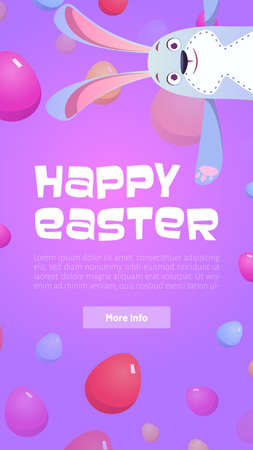 Happy Easter poster with eggs and cute bunny. Vector banner of spring holiday celebration with cartoon illustration of funny rabbit puppet, colorful eggs and text on purple backgroundのイラスト素材