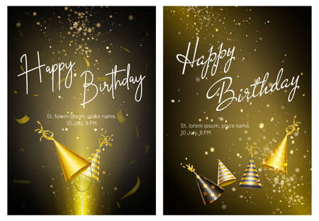 Happy birthday invitation cards with golden party hats with stripes and stars pattern and confetti. Vector posters of anniversary celebration, birthday party with realistic gold cone head capsのイラスト素材