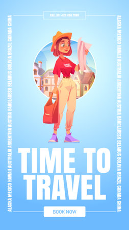 Time to travel poster with girl tourist with bag and map in foreign country. Vector flyer of vacation trip, international tourism with cartoon illustration of young woman traveler and city housesのイラスト素材
