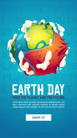 World Earth day poster. Concept of save planet environment, nature care. Vector social media banner of ecology conservation with cartoon illustration of blue and green Earth globe with dry partのイラスト素材