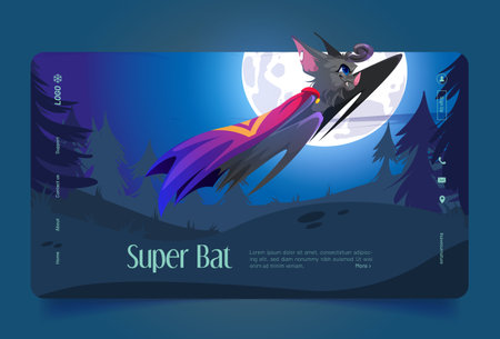 Superhero bat in cape flying on background of full moon. Super bat banner with funny character in costume. Vector landing page with cartoon night landscape with forest and animal heroのイラスト素材