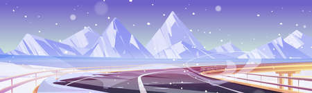 Car overpass road, frozen lake, snow and mountains on horizon. Vector cartoon illustration of winter landscape with highway bridge, ice on river, white rocks and snowfallのイラスト素材