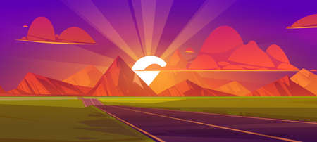 Road at mountains sunset, nature landscape with sun behind the rocks, purple sky and red clouds. Empty asphalted highway going to rocks and green field perspective view, Cartoon vector illustrationのイラスト素材