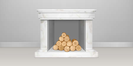 White marble fireplace with pile of logs in empty living room interior. Vector realistic illustration of hearth in stone frame with pilasters, mantelpiece and firewood pile insideのイラスト素材