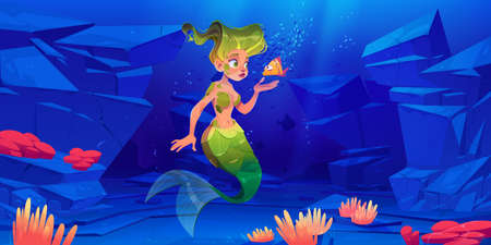 Cute mermaid with little fish in sea underwater world. Cartoon fantasy character beautiful girl with green hair and fish tail swim in ocean. Fairy tale or mythology personge, Vector illustrationのイラスト素材