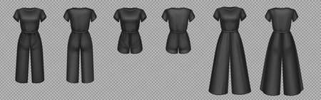 Women black jumpsuits mockup in front and back view. Vector 3d template of blank female overalls with pants or shorts and t-shirt. Realistic girls clothes isolated on transparent backgroundのイラスト素材