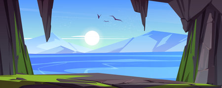 Cave in rock or stone arch with view to lake and mountains on horizon. Vector cartoon illustration of summer landscape of stone cavern entrance, sea, flying birds and sun in skyのイラスト素材