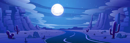 Desert landscape with road, rocks and cactuses at night. Vector cartoon illustration of highway turn in hot sand desert with mountains, moon and stars in skyのイラスト素材