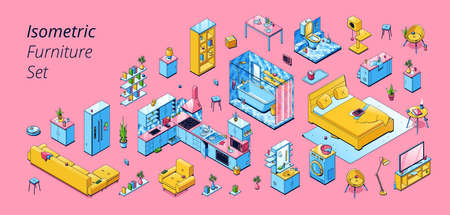 Isometric furniture set sofa, armchair, bookshelf, cupboard and kitchen appliances, nightstand, lamp, bed and bathtub, bathroom, washing machine, lamp and tv set, 3d vector line art illustrationのイラスト素材