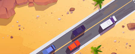 Top view to cars on road in desert or sea beach. Vector cartoon illustration of aerial view of tropical landscape with sand, mountains, palm trees and asphalt highway with vehiclesのイラスト素材