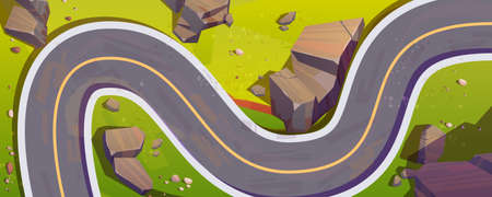 Top view of winding car road, mountain serpentine. Vector cartoon illustration of aerial view of summer landscape with curve asphalt highway, green grass and rocksのイラスト素材